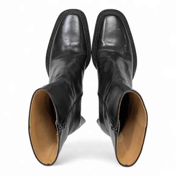 Black Leather Square Toe Sculptural Triangle Heel Minimalist Modern Ankle 10 - Picture 5 of 10